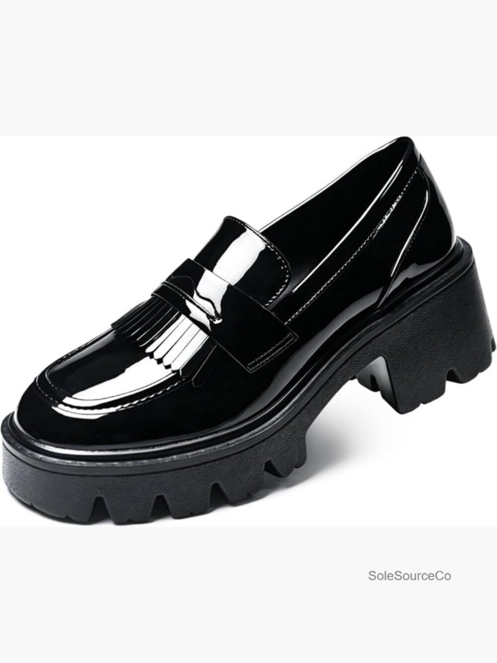 Chunky Fringe Platform Loafers Slip On Patent Leather Lug Sole Casual Dressy